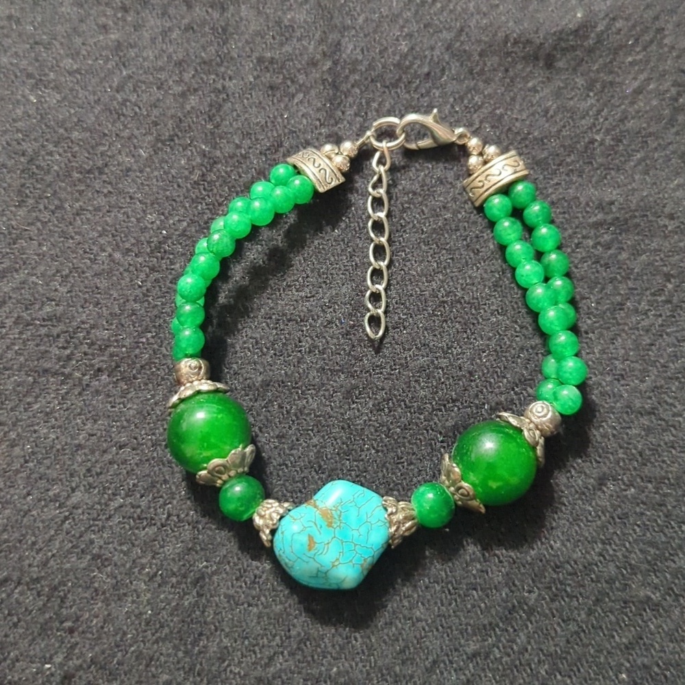 Silver Tone Green Beaded Faux Turquoise Blue Nugget Statement Bracelet